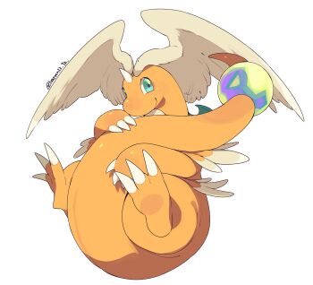 artist_name claws colored_skin dragonite feathered_wings gen_1_pokemon green_eyes head_wings highres horns hugging_own_tail hugging_tail looking_at_viewer mamebato mega_dragonite nintendo orange_skin pokemon pokemon_(creature) simple_background single_horn solo tail white_background white_wings wings