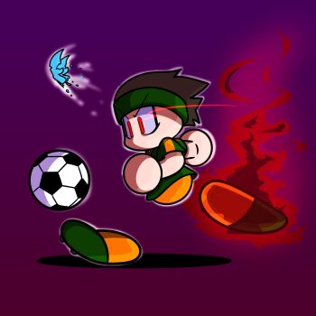 1boy aura ball brown_hair bug butterfly commentary_request dark_aura dark_persona drilljapan eye_trail glowing glowing_eyes green_headband green_shirt green_shoes headband highres insect jikkyou_powerful_pro_yakyuu jikkyou_powerful_pro_yakyuu_(style) jikkyou_powerful_soccer light_trail multicolored_shirt multicolored_shoes no_mouth orange_pants orange_shirt orange_shoes pants playing_sports power_soccer_kun rayman_limbs red_eyes sanpaku shirt shoes soccer soccer_ball soccer_uniform solo sportswear