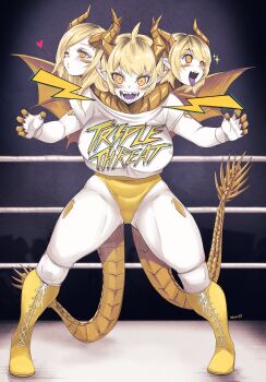 1girl absurdres blonde_hair blowing_kiss boots breasts dragon_horns dragon_wings english_text extra_tails fang full_body godzilla:_king_of_the_monsters godzilla_(series) heart highres horns king_ghidorah king_ghidorah_(monsterverse) kivo large_breasts leotard monsterverse multiple_heads one_eye_closed open_mouth personification sharp_teeth shirt skin_fang sparkle teeth white_shirt wings wrestling_outfit wrestling_ring yellow_boots yellow_eyes yellow_leotard yellow_tail yellow_wings