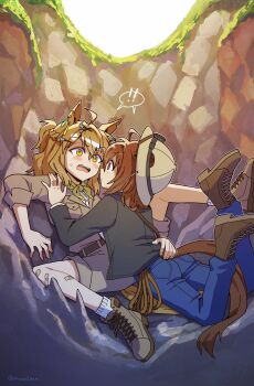 ! !! 2girls agnes_tachyon_(umamusume) ahoge animal_ears bandaid bandaid_on_leg belt black_jacket blue_pants blush boots bow braid breasts brown_belt brown_boots brown_hair brown_jacket brown_shorts hair_between_eyes hair_ornament hairclip half_up_braid half_up_half_down_braid headlamp helmet highres hole horse_ears horse_girl horse_tail jacket jewelry jungle_pocket_(umamusume) long_sleeves looking_at_another mazu1kan medium_hair multiple_girls notched_ear open_mouth pants pith_helmet red_eyes shirt shorts socks speech_bubble spoken_exclamation_mark sweatdrop tail umamusume white_shirt white_socks yellow_bow yellow_eyes