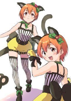 Rule 34 | 1girl, animal ear hairband, animal ears, back bow, black bow, black shoes, blush, bow, cat ear hairband, cat ears, cat tail, closed mouth, commentary request, fake animal ears, fake tail, fingerless gloves, gloves, green bow, hair bow, hairband, highres, hoshizora rin, looking at viewer, looking back, love live!, love live! school idol festival, love live! school idol project, multiple tails, multiple views, official alternate costume, open mouth, orange hair, sen (sen0910), shadow, shoes, short hair, shorts, standing, striped clothes, striped thighhighs, tail, thighhighs, vertical-striped clothes, vertical-striped thighhighs, white background, yellow eyes, yellow gloves, yellow shorts