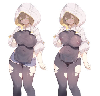 1girl absurdres black_pantyhose blue_shorts breasts brown_hair chinese_commentary cutoffs denim denim_shorts final_fantasy final_fantasy_xiv green_eyes highres hood hood_up large_breasts multiple_views open_mouth pantyhose short_shorts shorts torn_clothes torn_pantyhose zhazhapao