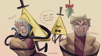 Rule 34 | 1boy, bill cipher, blood, blood from forehead, blush, bow, bowtie, coat, commentary, english commentary, floating, ford pines, furrowed brow, gravity falls, highres, licking, licking another's face, mistletoe, multiple views, n0cturnalcm, red shirt, saliva, sharp teeth, shirt, teeth, tongue, tongue out, upper body, yellow coat