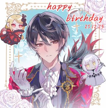 1girl 2boys adjusting_clothes adjusting_gloves ascot azhe_kanata black_hair blonde_hair border braid braided_bangs chibi chisha_gold closed_mouth collared_shirt cup dated dress flower folding_fan frilled_sleeves frills gloves hair_between_eyes hand_fan happy_birthday highres holding holding_fan jacket long_hair long_sleeves looking_at_viewer male_focus mug multicolored_hair multiple_boys multiple_girls parted_lips priscilla_barielle re:zero_kara_hajimeru_isekai_seikatsu red_dress red_eyes red_jacket rose shirt short_hair smile sparkle upper_body vest vincent_vollachia white_ascot white_flower white_gloves white_hair white_rose white_shirt yellow_eyes