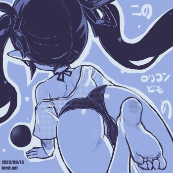 1girl all_fours ass backbeako_(torotei) backbeard barefoot bikini blue_background commentary dated dated_commentary feet female_focus from_behind gegege_no_kitarou hair_ribbon kono_lolicon_domome loli long_hair monochrome off-shoulder_shirt off_shoulder original paid_reward_available pointy_ears ribbon shirt simple_background soles solo swimsuit symbol-only_commentary toes torotei translated twintails watermark web_address