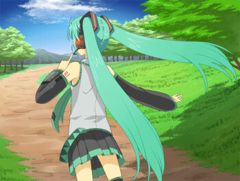 1girl black_skirt black_sleeves blue_hair cloud commentary_request cowboy_shot day detached_sleeves forest from_behind grey_shirt hatsune_miku headset liminarity long_hair miniskirt mountain nature number_tattoo outdoors path pleated_skirt road shirt shoulder_tattoo skirt sky sleeveless sleeveless_shirt solo tattoo tree twintails very_long_hair vocaloid