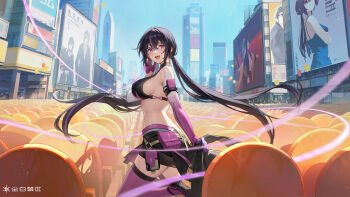 1girl :d absurdres adjutant_(snowbreak) balloon belt belt_pouch billboard black_footwear black_hair black_shirt black_skirt black_thighhighs blue_sky breasts building city cityscape copyright_name cowboy_shot cropped_shirt earrings elbow_gloves floating_hair from_side glasses gloves hand_up high_heels highres holding holding_string jewelry large_breasts leg_up leon_the_professional logo long_hair looking_at_viewer low_twintails miniskirt mr._and_mrs._smith official_art open_mouth pencil_skirt pink_eyes pouch purple_belt purple_gloves round_eyewear shirt sideboob skirt sky skyscraper sleeveless sleeveless_shirt smile snowbreak:_containment_zone solo standing standing_on_one_leg stomach string theater_seating thighhighs titanic_(movie) turning_head twintails very_long_hair vidya_shannon