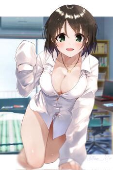 air_conditioner bedroom black_hair blurry blurry_background blush bookshelf borrowed_clothes breasts cleavage computer desk dress_shirt green_eyes harada_miyo highres idolmaster idolmaster_cinderella_girls jewelry kneeling laptop naked_shirt necklace paopao shirt short_hair sleeves_past_fingers sleeves_past_wrists smile thighs white_shirt window