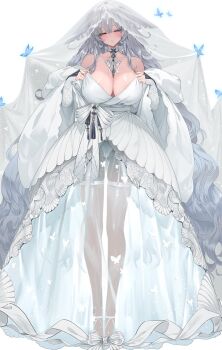 1girl absurdly_long_hair alternate_costume animal_ears artist_name azur_lane bare_shoulders blue_butterfly bow breasts bridal_veil bride bug butterfly choker cleavage closed_eyes closed_mouth commentary_request dark-skinned_female dark_skin dishwasher1910 double-parted_bangs dress empire_waist facing_viewer floppy_ears fox_ears fox_girl full_body garter_straps gown grey_hair halter_dress halterneck hands_up highres insect large_breasts layered_dress long_hair long_sleeves long_veil looking_at_viewer looking_to_the_side mandarin_collar missing_tail parted_lips see-through_clothes see-through_dress see-through_veil shawl shinano_(azur_lane) sideboob simple_background solo standing tan translucent veil very_long_hair w_arms waist_bow wedding_dress white_background white_bow white_choker white_garter_straps white_shawl