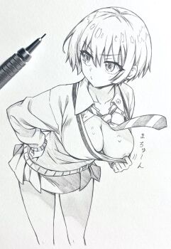 1girl amate_yuzuriha areola_slip art_tools_in_frame breasts closed_mouth collared_shirt commentary_request cropped_legs eyelashes graphite_(medium) greyscale gundam gundam_gquuuuuux hair_between_eyes hand_on_own_hip highres large_breasts leaning_forward monochrome necktie seishun_dendeke shirt short_hair skirt solo striped_necktie traditional_media