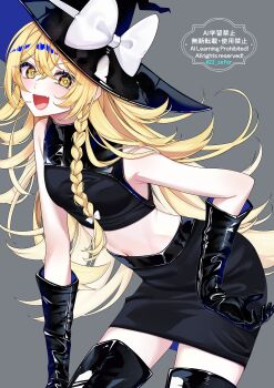 Rule 34 | 1girl, 22 zefar, absurdres, adapted costume, bare shoulders, black boots, black gloves, black hat, black skirt, black tank top, blonde hair, boots, bow, braid, braided sidelock, commentary, crossed bangs, elbow gloves, gloves, grey background, hat, hat bow, highres, kirisame marisa, long hair, looking at viewer, midriff, open mouth, pencil skirt, shiny gloves, simple background, skirt, sleeveless, solo, tank top, thigh boots, touhou, white bow, witch hat, yellow eyes