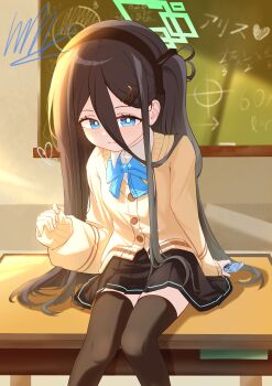 1girl absurdres aris_(blue_archive) blue_archive bow cellphone chair chalkboard classroom desk dress halo highres indoors long_hair long_sleeves looking_at_viewer minimin346539 phone school_chair school_desk skirt smartphone smile solo thighhighs very_long_hair