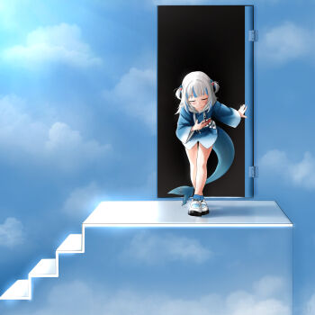1girl absurdres bowing closed_eyes crossed_legs door fins fish_tail flatculture gawr_gura grey_hair hair_ornament hand_on_own_chest highres hololive hololive_english light_smile parody petite shark_girl shark_tail shoes short_hair stairs standing sunlight sweater tail the_truman_show virtual_youtuber