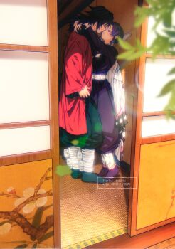 1boy 1girl arms_around_neck belt black_hair blurry blurry_foreground butterfly_hair_ornament day demon_slayer_uniform hair_ornament haori hetero highres imminent_kiss indoors japanese_clothes kimetsu_no_yaiba kochou_shinobu long_hair long_sleeves low_ponytail multicolored_hair niku_(ni23ku) ponytail purple_hair red_haori shoes short_hair sliding_doors spiked_hair standing tabi tomioka_giyuu white_belt