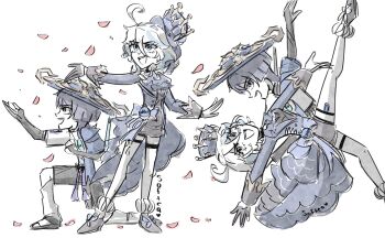 1boy 1girl ahoge aqua_gemstone arm_up ascot asymmetrical_gloves black_bridal_gauntlets black_footwear black_gloves black_shorts black_vest blue_ascot blue_cape blue_gemstone blue_hat blue_jacket blue_sleeves blunt_ends bridal_gauntlets brooch cape clenched_hand coattails cowlick curly_ends dancing eyelashes falling_petals frilled_socks frills full_body furina_(genshin_impact) gem genshin_impact gloves gold grey_footwear hair_between_eyes half_gloves hand_on_own_chest hand_up hat heterochromia highres jacket jewelry jingasa leg_up leg_warmers long_sleeves looking_at_viewer looking_to_the_side looking_up mini_hat mini_top_hat mismatched_pupils multiple_views on_one_knee open_hand open_hands open_mouth outstretched_arms petals pink_petals purple_eyes purple_hair sandals scaramouche_(genshin_impact) sequential shoes short_hair short_shorts shorts sketch socks softea spread_arms standing suit_jacket tassel teeth thigh_strap toeless_footwear top_hat upper_teeth_only vest wanderer_(genshin_impact) white_background white_gloves white_hair white_leg_warmers white_socks white_trim zouri