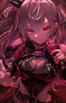 1girl absurdres black_leotard breasts cleavage closed_mouth crown_hair_ornament grey_hair hair_ornament highres holding holding_microphone hololive hololive_dev_is isaki_riona isaki_riona_(flowglow_uniform) kama_boko17 leotard looking_at_viewer medium_breasts microphone multicolored_nails nail_polish official_alternate_costume pink_nails purple_nails red_eyes smile solo virtual_youtuber