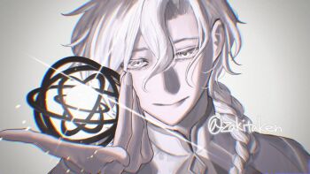 1boy braid braided_ponytail commentary_request fate/grand_order fate_(series) grey_background hair_between_eyes hair_over_shoulder jacket long_hair long_sleeves looking_at_viewer male_focus marisbury_animusphere portrait single_braid smile solo white_hair white_jacket yellow_eyes zakitaken