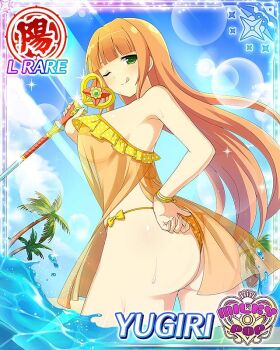 1girl arm_up ass ass_focus beach bikini border breasts card_(medium) day dress english_text game_cg green_eyes hand_on_own_hip hime_cut large_breasts looking_at_viewer looking_back micro_bikini non-web_source ocean official_alternate_costume official_art one_eye_closed orange_bikini orange_hair palm_tree polka_dot polka_dot_bikini see-through_clothes see-through_dress senran_kagura senran_kagura_new_wave sideboob skindentation smile solo staff string_bikini sun sunlight swimsuit teasing thong_bikini tongue tongue_out tree yugiri_(senran_kagura)