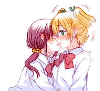 2girls akikan_(0272) bell blonde_hair blush bow bowtie collared_shirt commentary_request covered_eyes daiba_nana face-to-face facing_another from_side glasses green_eyes hair_bell hair_between_eyes hair_ornament hoshimi_junna imminent_kiss leaning_forward leaning_on_person long_hair long_sleeves looking_at_another low_ponytail motion_lines multiple_girls nervous_sweating parted_bangs ponytail profile purple_hair red_bow red_bowtie shirt short_hair shoujo_kageki_revue_starlight sidelocks sweat two_side_up upper_body white_shirt yuri