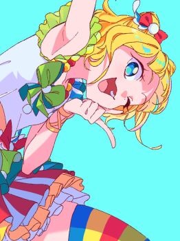 Rule 34 | 1girl, ;3, ;d, arm up, armpits, blonde hair, blue background, blue eyes, blunt bangs, bow, commentary request, cone hair bun, double bun, dress, hair bow, hair bun, highres, idol clothes, index finger raised, looking at viewer, minami mirei, multicolored dress, nazamaza super, one eye closed, open mouth, pretty series, pripara, short hair, simple background, sleeveless, sleeveless dress, smile, solo, striped clothes, striped thighhighs, thighhighs