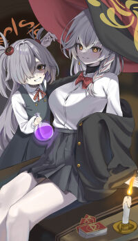 &gt;:) 2girls 966_kururu_966 :d absurdres black_dress black_jacket black_skirt blue_archive bow bowtie braid breasts bright_pupils brown_eyes brown_ribbon buttons candle candlelight closed_mouth commentary_request crossed_bangs deck_of_cards desk diagonal-striped_bow diagonal-striped_bowtie diagonal-striped_clothes double-breasted dress dress_shirt eri_(blue_archive) eyelashes feet_out_of_frame film_grain fire flask grey_hair grin hair_between_eyes hair_over_one_eye halo hand_up hat highres holding holding_flask holding_own_hair indoors jacket kanoe_(blue_archive) large_breasts long_hair long_sleeves miniskirt multiple_girls neck_ribbon on_desk one_eye_covered open_clothes open_jacket open_mouth orange_halo pinafore_dress pleated_skirt red_bow red_bowtie ribbon round-bottom_flask scar scar_on_neck school_uniform shaded_face shirt single_braid sitting skirt sleeveless sleeveless_dress smile smug striped_bow striped_bowtie striped_clothes twitter_username two_side_up underlighting v-shaped_eyebrows very_long_hair white_shirt witch witch_hat yellow_halo