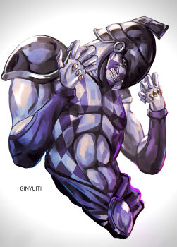1boy abs absurdres armor clenched_teeth colored_sclera colored_skin commentary ginyuiti helmet highres jojo_no_kimyou_na_bouken no_humans purple_haze_(stand) purple_skin shoulder_armor simple_background solo stand_(jojo) stitched_mouth stitches teeth vento_aureo white_background yellow_sclera