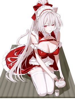 1girl absurdres alternate_costume animal_ears apron bangko bow breasts cat_ears cat_girl cat_tail cleavage closed_mouth colored_eyelashes commentary_request cup dress enmaided hair_bow highres hiyuki_(wuthering_waves) holding holding_teapot kemonomimi_mode korean_commentary large_breasts looking_at_viewer maid maid_headdress ponytail red_bow red_dress red_eyes revision seiza sitting solo tail teapot thighhighs thighs white_background white_eyelashes white_hair white_thighhighs wuthering_waves yunomi