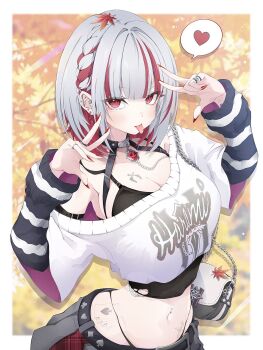 1girl :p arm_belt arm_tattoo autumn_leaves bag belt black_belt black_bra black_panties blunt_bangs blush border bra braid breasts chain character_request chest_tattoo cleavage colored_inner_hair commentary crop_top cropped_shirt diamond_(shape) double_v fingernails grey_hair grey_skirt hair_intakes hands_up heart highres hip_tattoo indie_virtual_youtuber jewelry knr_rer large_breasts leaf leaf_on_head light_particles long_fingernails long_sleeves looking_at_viewer maple_leaf maple_tree midriff multicolored_hair multiple_rings nail_polish navel necklace panties panty_straps print_shirt red_eyes red_hair red_nails red_streaks ring shirt short_hair shoulder_bag side_braid single_bare_shoulder single_off_shoulder skirt skull_necklace solo spade_(shape) spoken_heart stomach_tattoo strap streaked_hair striped_sleeves symbol-only_commentary tattoo tongue tongue_out torn_clothes tree two-sided_fabric underwear v virtual_youtuber white_border white_shirt