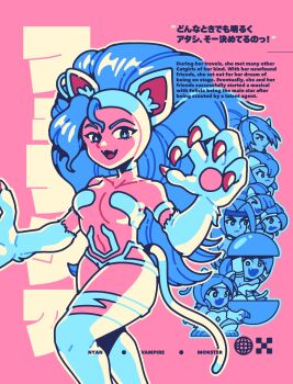 6+girls :d absurdres ahoge alto_(darkstalkers) android animal_ears animal_hands big_hair blue_eyes blue_hair body_fur bowl breasts byronb cat_ears cat_girl cat_paws cat_tail character_name check_translation chibi claw_pose claws darkstalkers english_text fang fangs felicia_(darkstalkers) grace_(darkstalkers) headband highres huge_ahoge long_hair looking_at_viewer lucy_(vampire) medium_breasts mimi_(darkstalkers) multiple_boys multiple_girls nana_(darkstalkers) navel nonno_(darkstalkers) open_mouth pico_(darkstalkers) pink_background pink_theme revealing_clothes skin_fang smile solo_focus tail translation_request very_long_hair white_fur