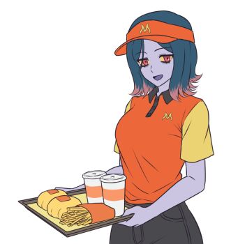 1girl bags_under_eyes black_hair black_pants breasts collared_shirt colored_sclera colored_skin commentary contrast_collar cowboy_shot cup disposable_cup employee_uniform english_commentary fast_food_uniform food french_fries gen_2_pokemon hat kirby_otaku looking_at_viewer medium_breasts misdreavus nintendo open_mouth orange_hat orange_shirt pants personification pokemon purple_skin red_eyes shirt short_sleeves simple_background smile solo transparent_background visor_cap yellow_sclera