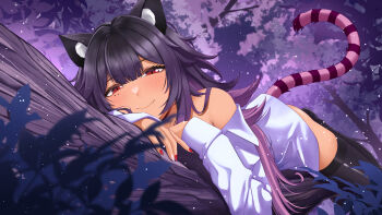 Rule 34 | 1girl, absurdres, alice's adventures in wonderland, animal ear fluff, animal ears, black hair, black thighhighs, blush, cat ears, cat girl, cat tail, cheshire cat (alice in wonderland), cheshire cat (alice in wonderland) (cosplay), closed mouth, cosplay, fang, highres, landacdeus, long hair, long sleeves, lying, mole, mole under eye, multicolored nails, multiple moles, nijisanji, nijisanji en, off shoulder, official alternate costume, on branch, red eyes, red nails, scarle yonaguni, scarle yonaguni (loungewear), second-party source, shirt, slit pupils, solo, tail, tan, thighhighs, tree, two-tone nails, virtual youtuber, white nails, white shirt