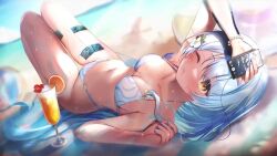 1girl animated beach bikini blue_hair breasts collarbone cup cyborg fingernails flower food fruit hair_flower hair_ornament hip_tattoo indie_virtual_youtuber long_hair looking_at_viewer lying medium_breasts nail_polish navel on_back one_eye_closed orange_(fruit) orange_eyes orange_slice polypuff sayu_sincronisity sayu_sincronisity_(3rd_costume) swimsuit tagme tattoo towel very_long_hair video virtual_youtuber