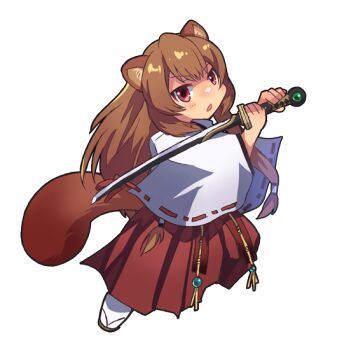 1girl animal_ear_fluff animal_ears brown_hair chibi commentary_request emon-yu geta hakama hakama_skirt holding holding_sword holding_weapon japanese_clothes katana kosode light_blush long_sleeves looking_at_viewer miko official_alternate_costume open_mouth raccoon_ears raccoon_girl raccoon_tail raphtalia red_eyes red_hakama red_ribbon red_skirt ribbon ribbon-trimmed_sleeves ribbon_trim simple_background skirt socks solo sword tabi tail tate_no_yuusha_no_nariagari transparent_background weapon white_kosode white_socks wide_sleeves