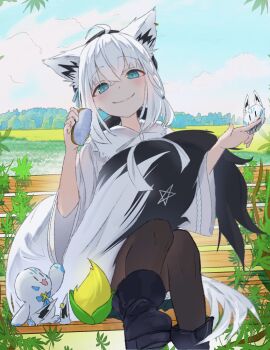 1girl animal_ear_fluff animal_ears black_pantyhose black_shoes blue_eyes blue_sky commentary_request detached_ears detached_tail fox_ears fox_girl fox_tail grass highres hololive keppii leaf looking_at_viewer pantyhose plant shirakami_fubuki shirakami_fubuki_(street) shoes sky smile sukonbu_(shirakami_fubuki) tail tree virtual_youtuber white_hair