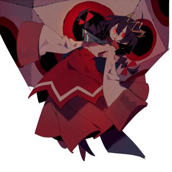 Rule 34 | 1girl, black hair, bow, braid, crown, extra eyes, glasses, hair bow, higa423, highres, kirby (series), kirby 64, long hair, long skirt, low twin braids, miracle matter, nintendo, possessed, red bow, red eyes, ripple star queen, simple background, skirt, sleeves past fingers, sleeves past wrists, twin braids, white background