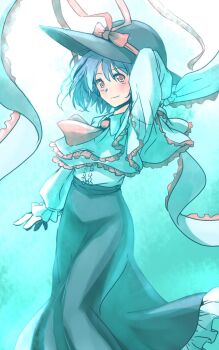 1girl arm_behind_head arm_up ascot black_hat black_skirt blue_hair blush bow capelet commentary_request feet_out_of_frame frilled_capelet frilled_shawl frilled_skirt frills hagoromo hat hat_bow hat_ribbon holding_shawl light_smile long_sleeves medium_hair nagae_iku one-hour_drawing_challenge rangycrow red_ascot red_bow red_eyes red_ribbon ribbon shawl shirt sideways_glance skirt solo touhou white_capelet white_shawl white_shirt