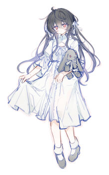 1girl absurdres ahoge black_hair black_shoes blush bow center_frills chinese_commentary cleavage_cutout clothing_cutout commentary_request cosplay dress ensemble_stars! expressionless flat_chest frills full_body genderswap genderswap_(mtf) hair_ribbon highres holding holding_stuffed_toy kasugano_sora kasugano_sora_(cosplay) long_dress long_hair looking_at_viewer mandarin_collar puffy_sleeves red_eyes ribbon sakuma_ritsu shiki_fanart shoes skirt_hold socks solo standing stuffed_animal stuffed_rabbit stuffed_toy three-quarter_sleeves two_side_up white_bow white_dress white_ribbon white_socks yosuga_no_sora