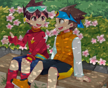 artist_request bandana bare_legs bench boots brown_hair capcom child crossover geo_stelar_(mega_man) goggles jacket lan_hikari_(mega_man) legs mega_man_(series) mega_man_battle_network mega_man_battle_network_(series) mega_man_star_force mega_man_star_force_(series) shirt shoes shorts sitting smile spiked_hair