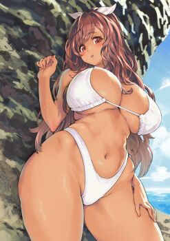 Rule 34 | 1girl, bikini, breasts, brown eyes, brown hair, cleavage, contrapposto, cowboy shot, curvy, day, dokiyuri, hair ribbon, highleg, highleg bikini, highres, huge breasts, idolmaster, idolmaster shiny colors, large breasts, long hair, looking at viewer, navel, outdoors, parted lips, pink ribbon, ribbon, solo, standing, stomach, summer, swimsuit, tan, tsukioka kogane, wet, white bikini, wide hips