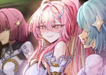 3girls absurdres aemeath_(wuthering_waves) bare_shoulders blush breasts cleavage closed_mouth commentary english_commentary flareza highres large_breasts long_hair looking_at_viewer multiple_girls pink_hair ponytail smile solo_focus star-shaped_pupils star_(symbol) symbol-shaped_pupils upper_body wuthering_waves yellow_eyes