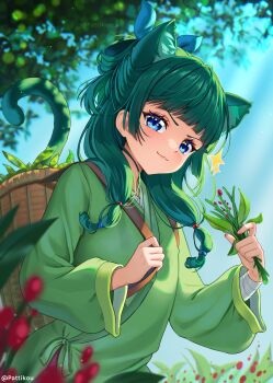 Rule 34 | >:), 1girl, :3, animal ear fluff, animal ears, aoqun, backpack basket, bandaged arm, bandages, blue bow, blue eyes, blue sky, blunt bangs, blurry, blurry background, blurry foreground, bow, cat ears, cat girl, cat tail, chinese clothes, commentary, dappled sunlight, day, depth of field, floating hair, four-pointed star, freckles, from below, green hair, green jacket, hair bow, hanfu, highres, holding, holding plant, jacket, kusuriya no hitorigoto, long hair, looking at viewer, maomao (kusuriya no hitorigoto), pattikou, plant, sidelocks, sky, solo, star (symbol), sunlight, tail, twitter username, upper body, v-shaped eyebrows