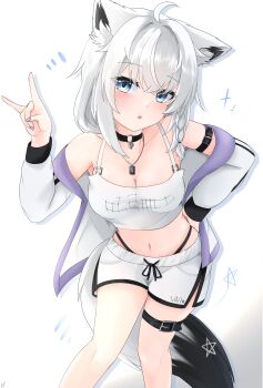 1girl absurdres ahoge animal_ear_fluff animal_ears arm_strap black_choker black_panties blue_eyes blush braid breasts choker cleavage commentary_request crop_top earrings fox_ears fox_girl fox_shadow_puppet fox_tail hair_between_eyes highleg highleg_panties highres hololive jacket jewelry long_hair looking_at_viewer navel necklace open_clothes open_jacket open_mouth original panties pentagram shirakami_fubuki shirt short_shorts shorts sidelocks simple_background single_braid small_breasts solo st-147 tail thigh_strap underwear virtual_youtuber white_background white_hair white_jacket white_shirt white_shorts