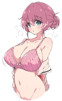 1girl aqua_eyes bocchi_the_rock! bottomless bra breasts collarbone commentary_request gotoh_michiyo groin hair_between_eyes highres large_breasts looking_at_viewer mature_female mel_(melty_pot) navel out-of-frame_censoring pink_bra pink_hair short_hair solo sweat underwear undressing white_background