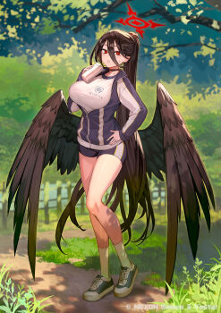 Rule 34 | 1girl, black choker, black hair, black wings, blue archive, blue shorts, breasts, choker, commentary request, day, feathered wings, fence, full body, grass, hair between eyes, halo, hasumi (blue archive), hasumi (track) (blue archive), highres, jacket, lack, large breasts, long hair, looking at viewer, official art, outdoors, partially unzipped, ponytail, red eyes, river, shirt, shoes, short shorts, shorts, sneakers, socks, solo, standing, sweat, track jacket, tree, very long hair, white socks, wings