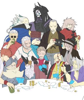 armor ascot balding beard black_cloak black_gloves black_haori blue_cloak book braid braided_beard brown_haori brown_kimono brown_vest cape card changpao chinese_clothes chinstrap_beard christopher_columbus_(fate) cloak closed_eyes coin cup don_quixote_(fate) emiya_shirou facial_hair facial_scar fate/grand_order fate_(series) flat_color flower full_beard glasses gloves grey_facial_hair grey_hakama grey_kimono hair_between_eyes hair_slicked_back hakama hakama_pants hanasaka_no_okina_(fate) handheld_game_console haori hat hat_flower high_ponytail highres holding holding_book holding_card holding_handheld_game_console james_moriarty_(archer)_(fate) japanese_clothes kimono king_hassan_(fate) li_shuwen_(fate) li_shuwen_(old)_(fate) long_beard long_hair long_hair_between_eyes long_mustache long_scar long_sidelocks long_sleeves low_ponytail mask mouth_hold multiple_braids mustache nagakura_shinpachi_(fate) nagakura_shinpachi_(first_ascension)_(fate) nintendo_switch no_eyebrows old old_man orange_hair pants parted_bangs ponytail ptolemy_(fate) ptolemy_(third_ascension)_(fate) purple_shirt red_ascot red_cloak round_eyewear scar scar_across_eyebrow scar_on_cheek scar_on_face scar_on_head senji_muramasa_(fate) shirt shirt_under_kimono sidelocks simple_background single_sidelock sitting skull skull_mask spikes stalk_in_mouth sunglasses syuugou_11 thick_beard thick_mustache trait_connection unworn_cape very_long_beard vest vlad_iii_(fate/extra) white_background white_cape white_facial_hair white_shirt wrinkled_skin yagyuu_munenori_(fate) yellow_hanfu yunomi zhang_jue_(fate)