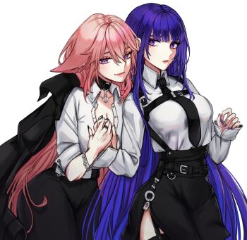 2girls alternate_costume animal_ears astertia black_choker black_coat black_necktie black_skirt blue_pupils blunt_bangs bracelet breasts choker cleavage closed_mouth coat coat_on_shoulders collarbone collared_shirt couple fox_ears fox_girl genshin_impact hair_between_eyes hair_down hashtag-only_commentary head_tilt highres holding_hands jewelry large_breasts leaning_forward leaning_on_person long_sleeves looking_at_viewer looking_to_the_side mole mole_under_eye multicolored_eyes multicolored_hair multiple_girls necktie partially_unbuttoned pink_hair purple_eyes purple_hair purple_nails raiden_shogun shade shirt simple_background skirt streaked_hair white_background white_shirt yae_miko yuri