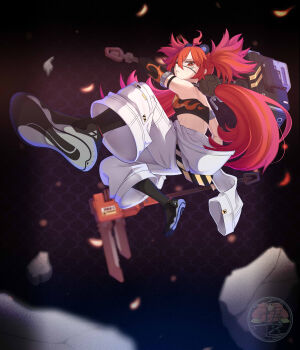 1girl absurdres ahoge animal_ears bare_shoulders bear_ears black_gloves breasts crop_top eyepatch fake_animal_ears fingerless_gloves gloves hair_between_eyes hair_ornament highres holding koleda_belobog long_hair looking_at_viewer midriff navel pants red_eyes red_hair solo sphere_hair_ornament tsubaking twintails zenless_zone_zero