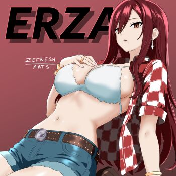 1girl arm_support artist_name belt blue_shorts bra breasts brown_belt brown_eyes character_name checkered_clothes checkered_shirt cleavage cosplay denim denim_shorts earrings erza_scarlet fairy_tail highres jewelry kwon_eun-bi kwon_eun-bi_(cosplay) large_breasts long_hair looking_at_viewer navel open_clothes open_shirt parted_lips real_life red_background red_hair ring shirt short_shorts shorts sitting solo stomach underwear very_long_hair white_bra zefresh_arts
