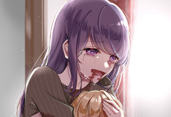 1boy 1girl absurdres blonde_hair blood blood_from_mouth blood_on_hands commentary_request dying highres hoshino_ai hoshino_aquamarine hug light_particles long_hair miwisa mother_and_son open_mouth oshi_no_ko purple_eyes purple_hair sidelocks spoilers