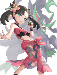 Rule 34 | 1girl, :o, asymmetrical bangs, black hair, blush, bracelet, breasts, commentary, creatures (company), dusk ball, eyelashes, floating hair, flower, flower bracelet, game freak, gen 8 pokemon, gonzarez, green eyes, green ribbon, grimmsnarl, hair flower, hair ornament, hair ribbon, hand up, highres, holding, holding poke ball, jewelry, long hair, looking at viewer, marnie (pokemon), marnie (summer 2021) (pokemon), midriff, navel, nintendo, official alternate costume, open hand, parted lips, pink flower, pink sarong, poke ball, pokemon, pokemon (creature), pokemon masters ex, revision, ribbon, sarong, simple background, small breasts, spread fingers, stomach, twintails, white background, wristband